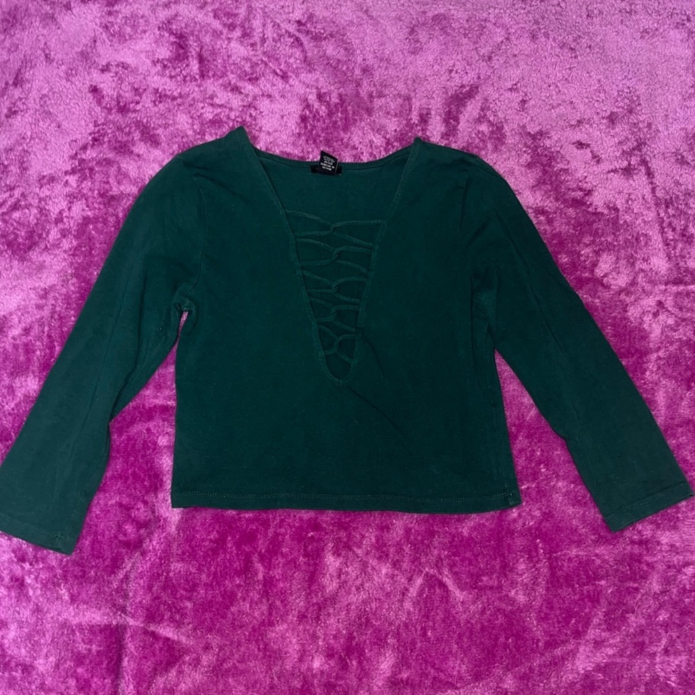 Forever 21 Green Long Sleeve Crop Top with Cut Outs